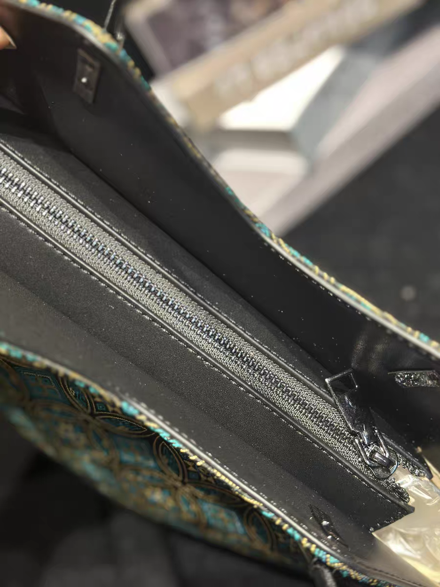 Handmade Zhuang Brocade Geometric Tote Bag | Artisan-Crafted Ethnic Shoulder Bag with Teal & Gold Pattern