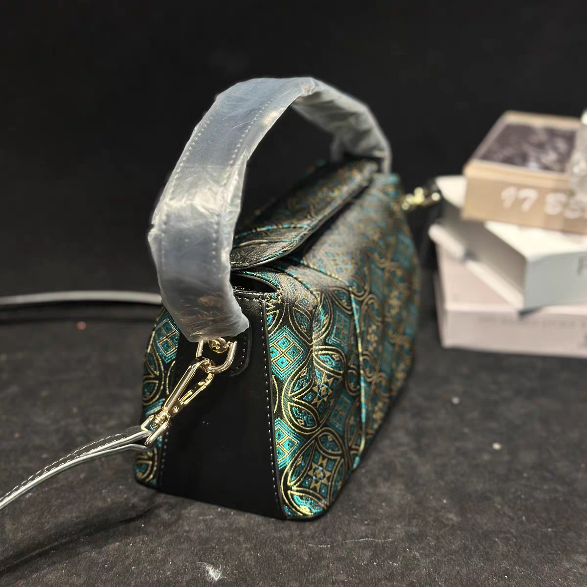 Handmade Zhuang Brocade Crossbody Bag | Songcaiwen Pattern Artisan Crafted Mini Shoulder Bag