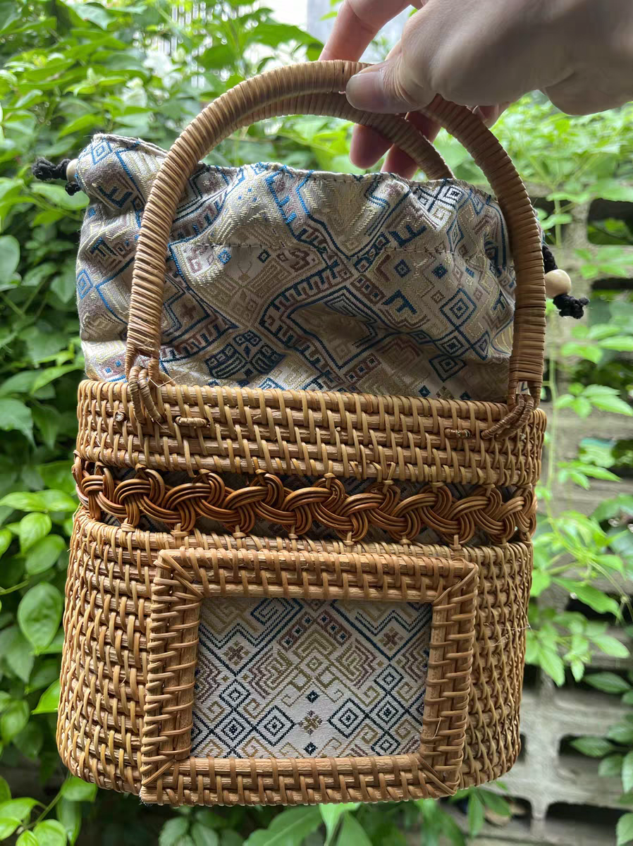 Handmade Rattan & Zhuang Brocade Tote Bag | Artisan-Crafted Ethnic Woven Shoulder Bag with Cultural Pattern