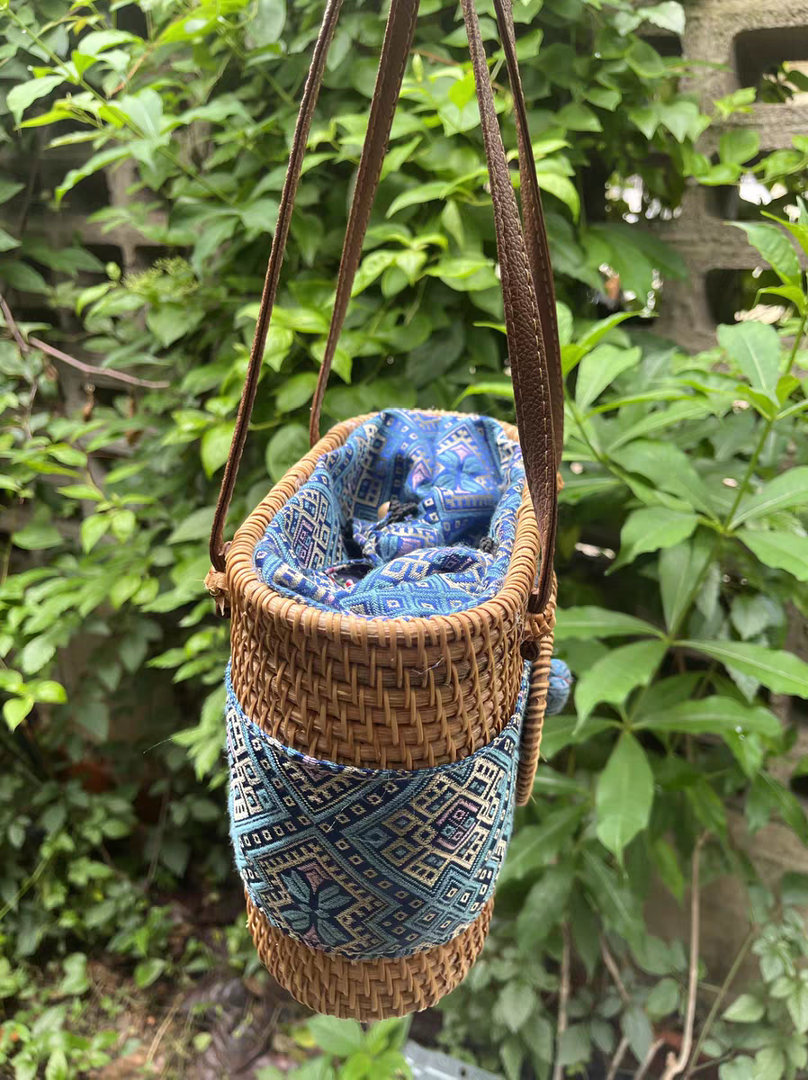 Handmade Rattan & Zhuang Brocade Tote Bag | Artisan-Crafted Ethnic Woven Shoulder Bag with Cultural Pattern