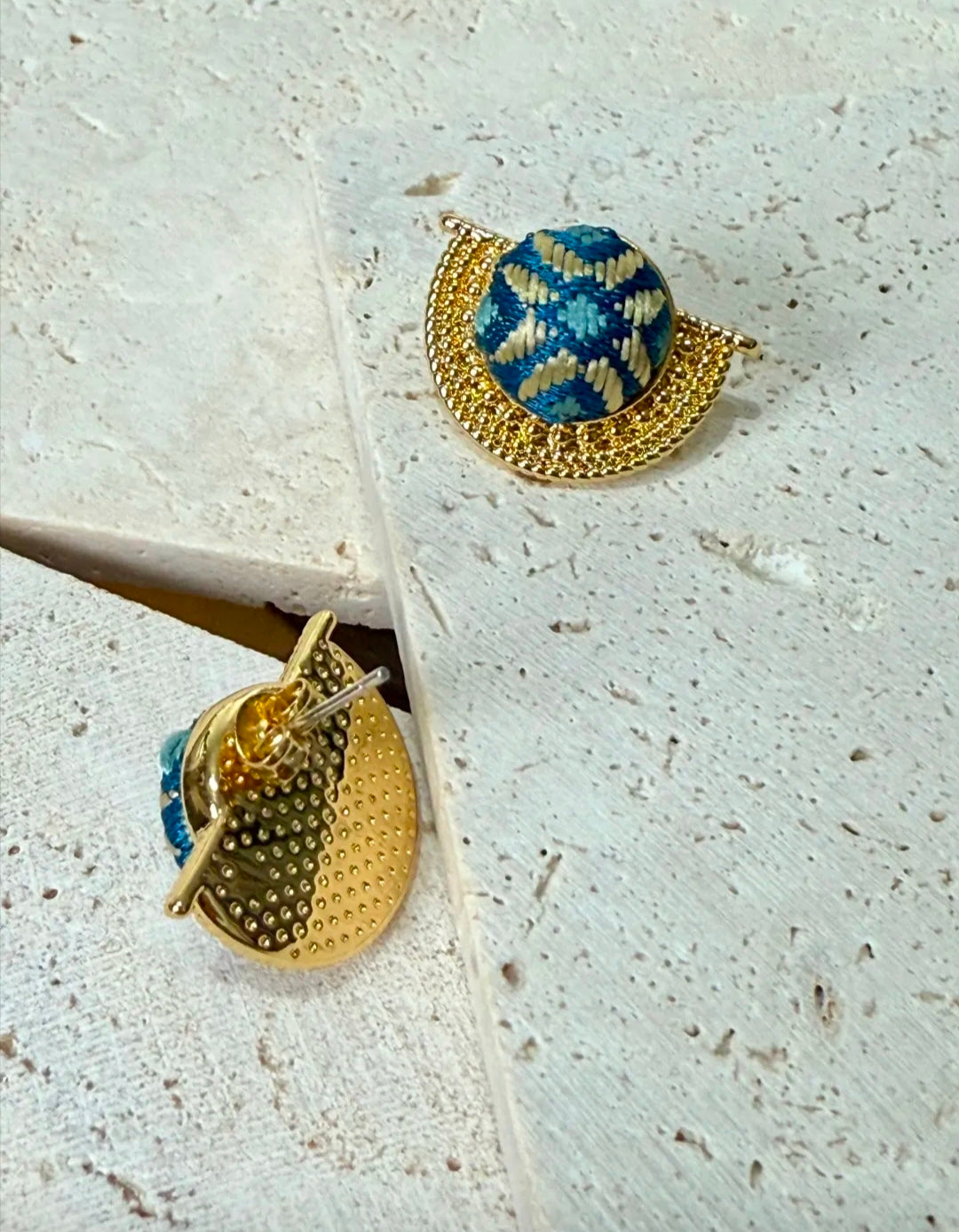 Handmade Zhuang Brocade Stud Earrings with 925 Silver | Artisan-Crafted "Eternal Union" Ethnic Jewelry