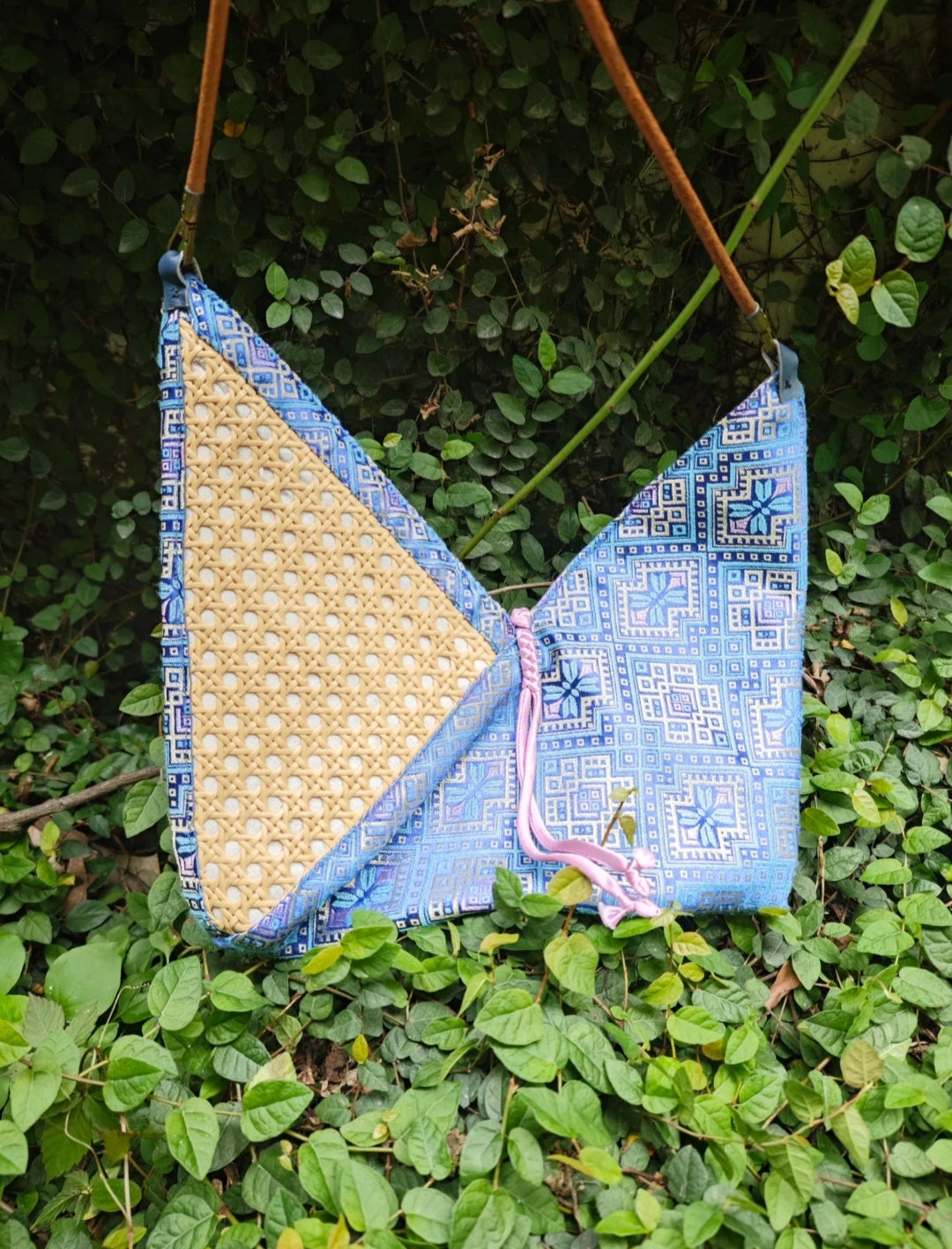 Zhuang Brocade Butterfly Crossbody Bag - Handmade Eco-Friendly Rattan & Satin Bag | Unique Ethnic Sustainable Accessory
