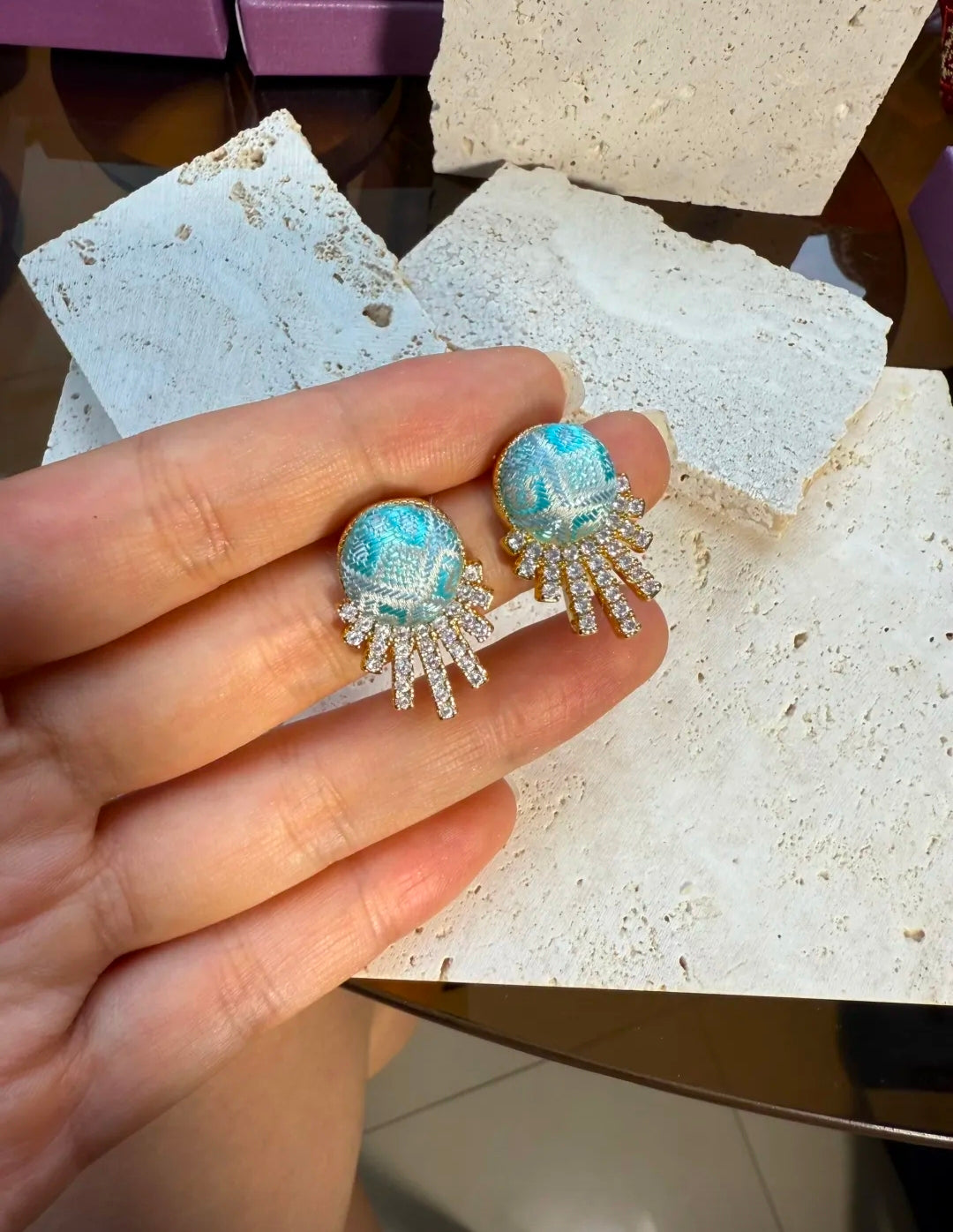 Handmade Zhuang Brocade Stud Earrings with Zircon Accents | Artisan-Crafted Ethnic Jewelry with Cultural Pattern