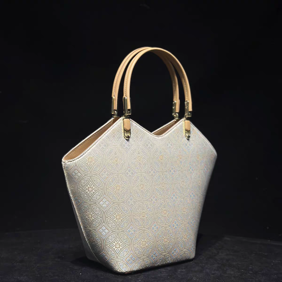 Handmade Zhuang Brocade Geometric Tote Bag | Artisan-Crafted Ethnic Shoulder Bag with Convertible Strap