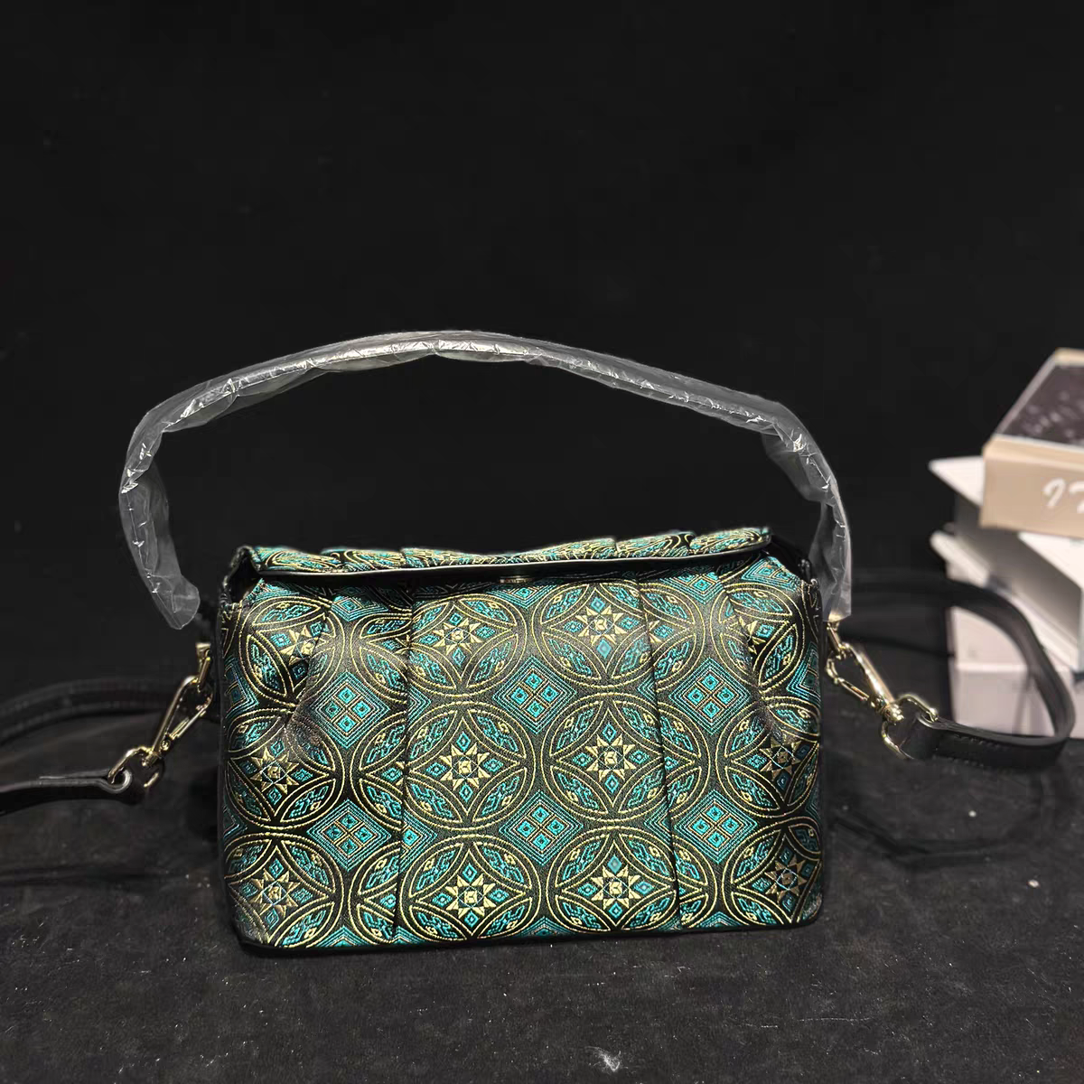 Handmade Zhuang Brocade Crossbody Bag | Songcaiwen Pattern Artisan Crafted Mini Shoulder Bag