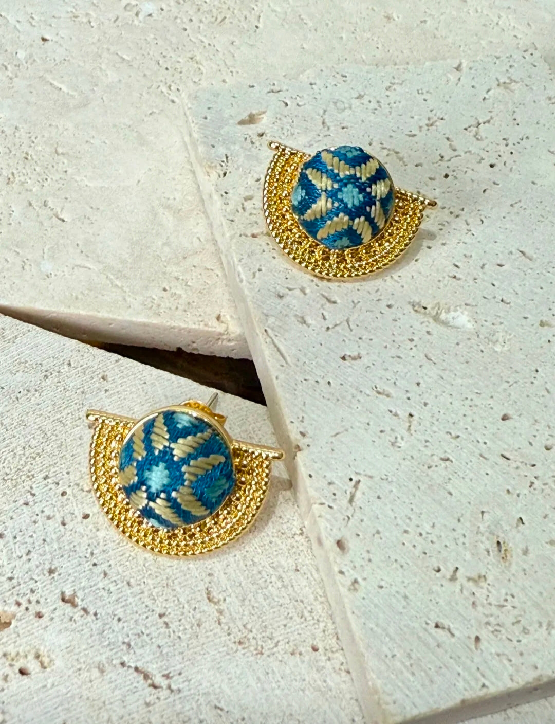 Handmade Zhuang Brocade Stud Earrings with 925 Silver | Artisan-Crafted "Eternal Union" Ethnic Jewelry