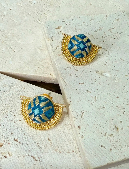 Handmade Zhuang Brocade Stud Earrings with 925 Silver | Artisan-Crafted "Eternal Union" Ethnic Jewelry