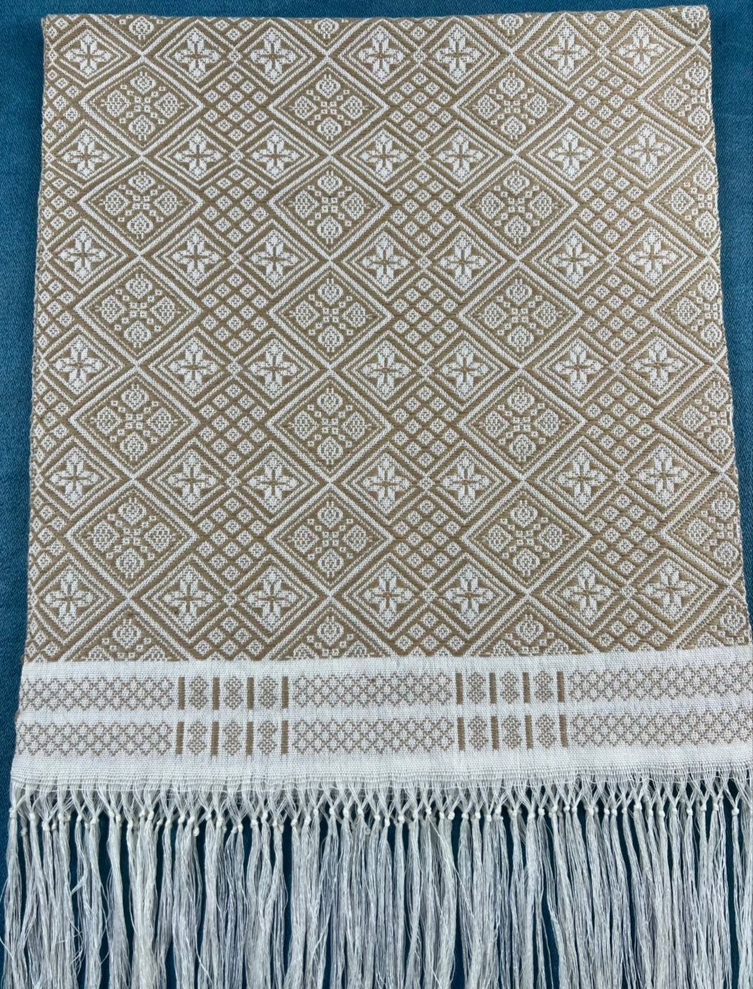 Handwoven Zhuang Brocade Scarf | 1.8m Silk-Cotton | Intangible Heritage | Lucky Geometric Motifs”