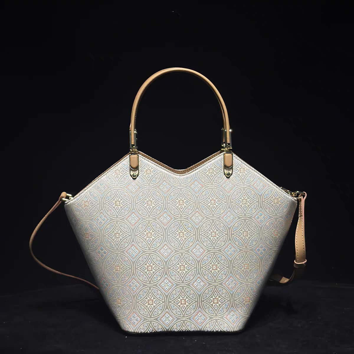 Handmade Zhuang Brocade Geometric Tote Bag | Artisan-Crafted Ethnic Shoulder Bag with Convertible Strap