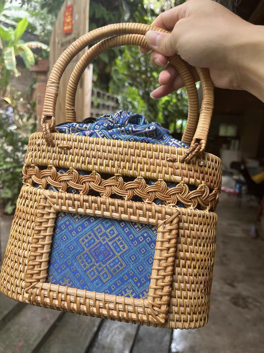 Handmade Rattan & Zhuang Brocade Tote Bag | Artisan-Crafted Ethnic Woven Shoulder Bag with Cultural Pattern
