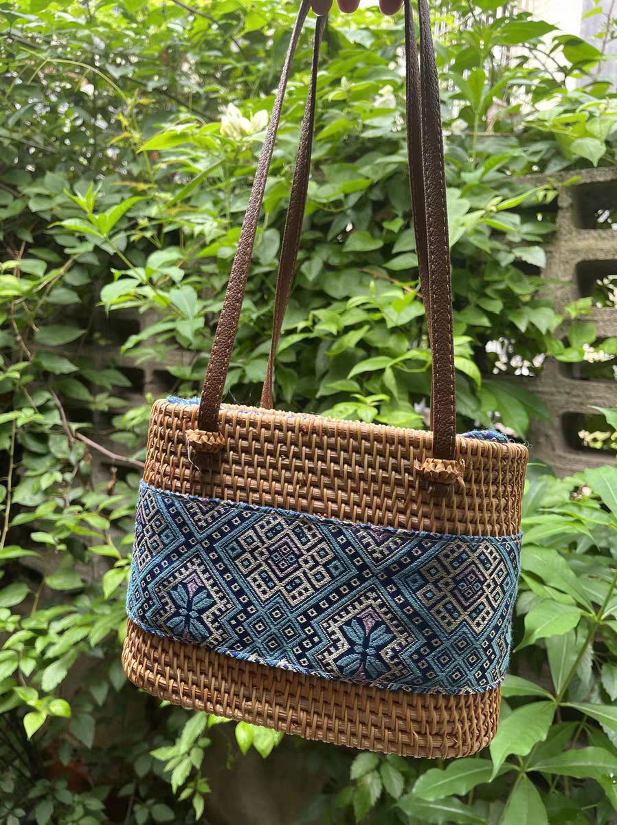 Handmade Rattan & Zhuang Brocade Tote Bag | Artisan-Crafted Ethnic Woven Shoulder Bag with Cultural Pattern